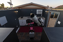 CaliforniaStars Observatory with the roof rolled off, exposing the Paramount ME II and Takahashi TOA-150B f/7.33 Triplet Apochromatic Refractor