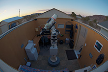 CaliforniaStars Observatory with the roof rolled off, exposing the Takahashi FSQ-106ED X-III on Astro-Physics 900GTO mount