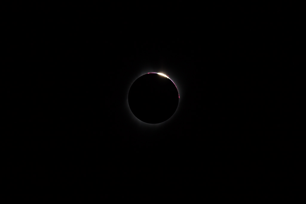 Total Solar Eclipse with Baily's Beads and Prominences—August 21, 2017. Taken from Jay Em, Wyoming using a Canon EOS 6D and Takahashi FS-60Q. Click the image for a larger version.