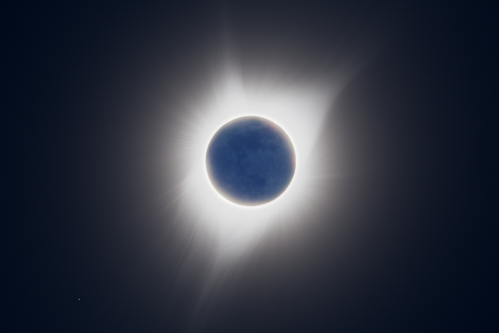 Total Solar Eclipse with Earth Shine. August 21, 2017. Taken from Jay Em, Wyoming using a Canon EOS 6D and Takahashi FS-60Q. Click the image for a larger version.