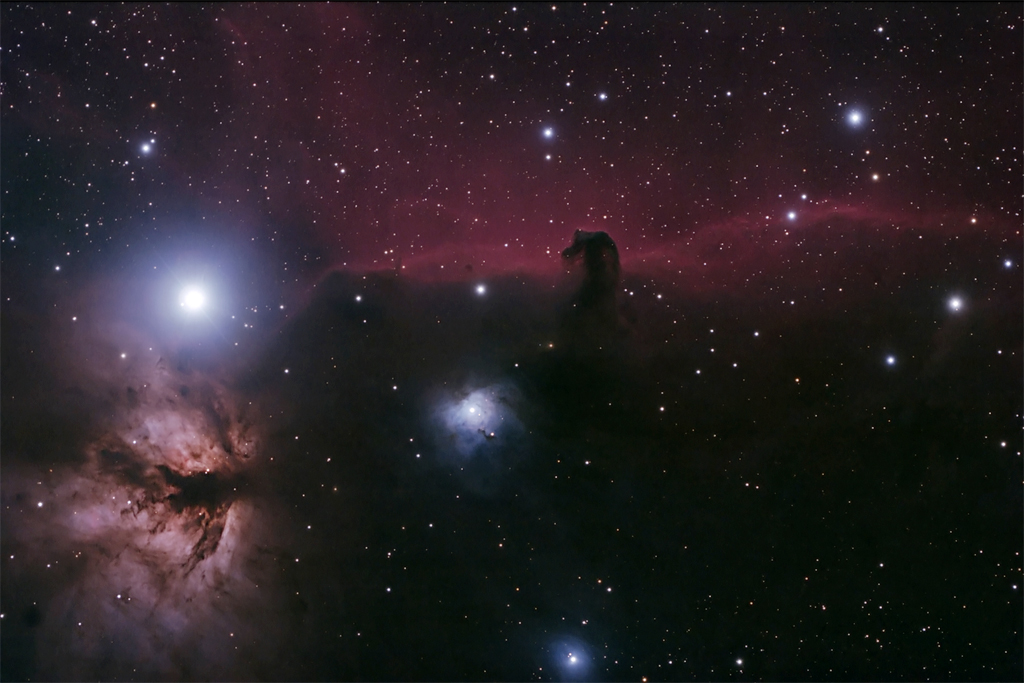IC434, the Horsehead Nebula in Orion, taken with a Canon EOS 20D and Takahashi TOA-130F telescope. Click for a larger version.