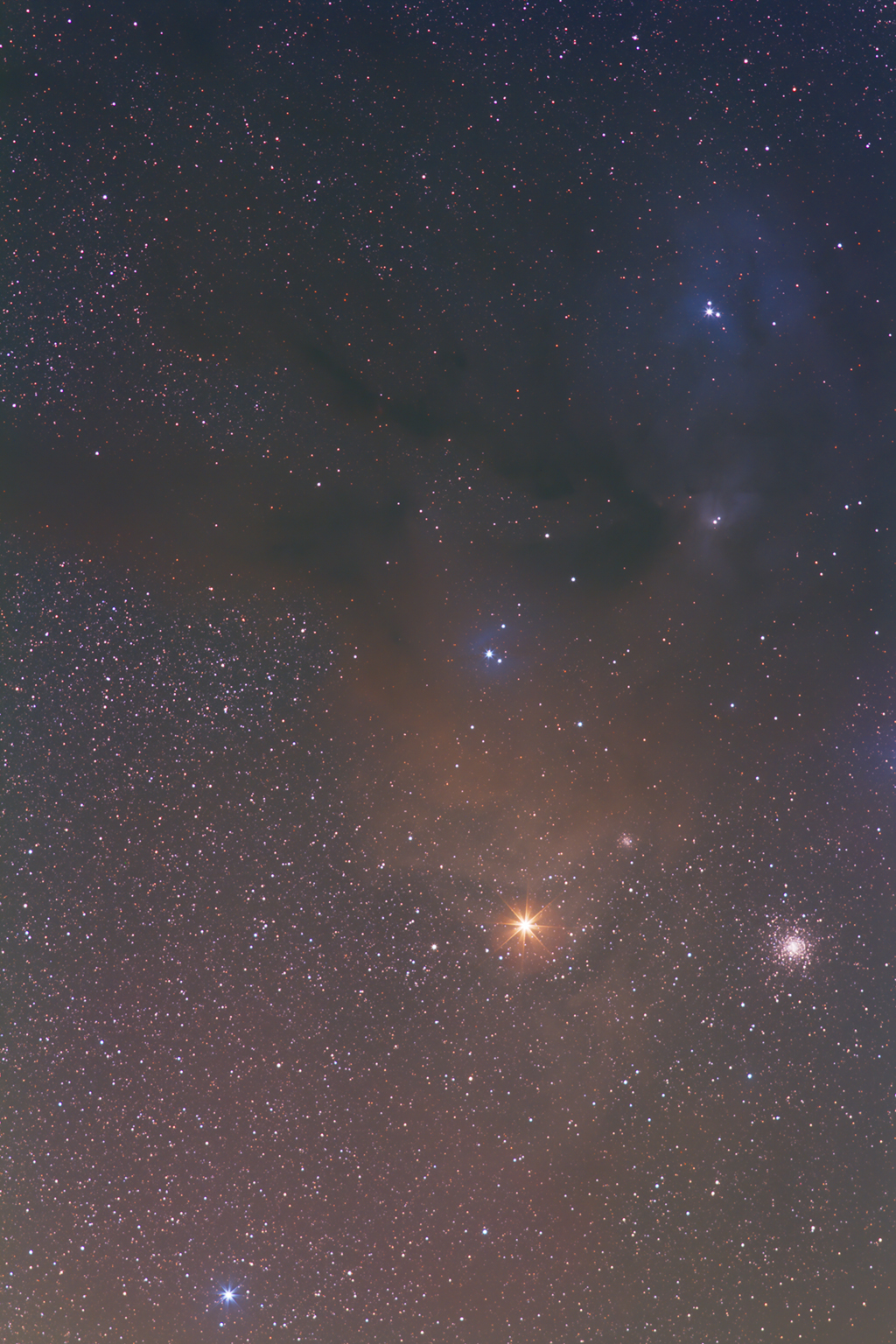 Rho Ophiuchus area with surrounding nebulosity and star clusters. Click for a larger version.