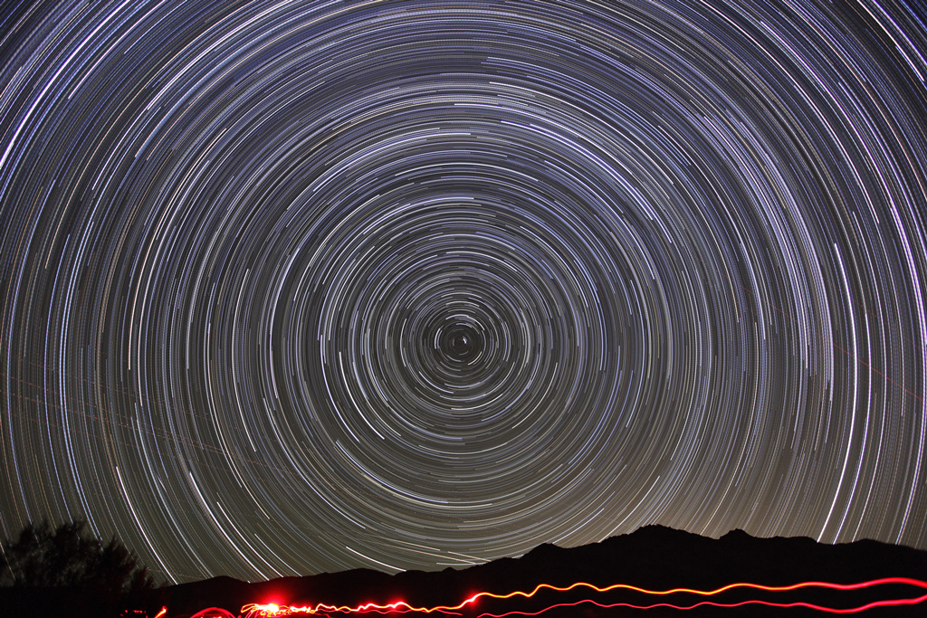 Circumpolar Star Trails from the Mojave National Preserve with a Canon EOS 5D Mark II. Click for a larger version.