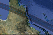 Google Earth view of the eclipse path through the Cairns & Port Douglas areas of Queensland, Australia